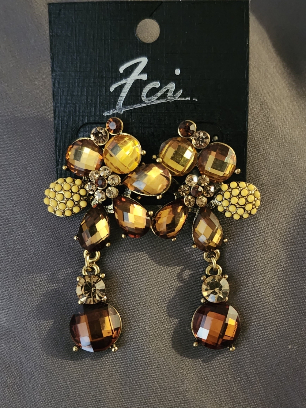 Amber Crystal Drop Earrings - Gold & Amber